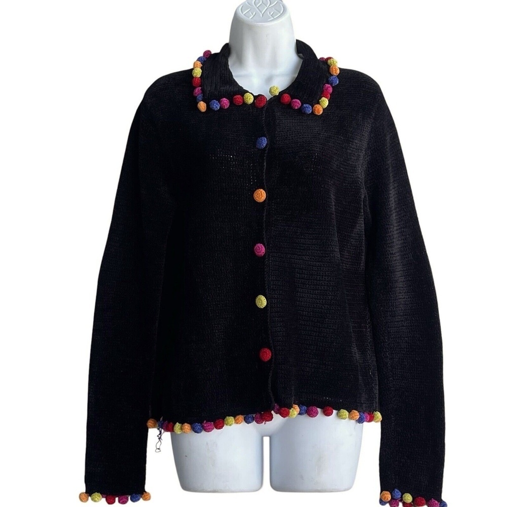 Belle Pointe Pom-Pom Chenille Cardigan S Black Long Sleeve Applique Sweater